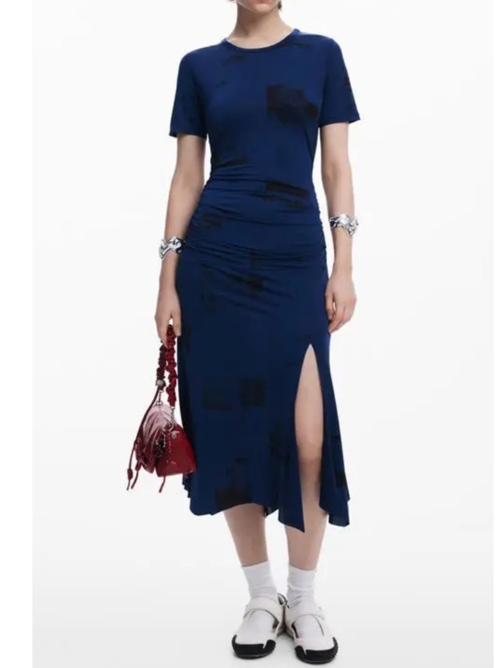 DESIGUAL ASYMMETRIC POSTCARD DRESS IN NAVY SIZE SMALL